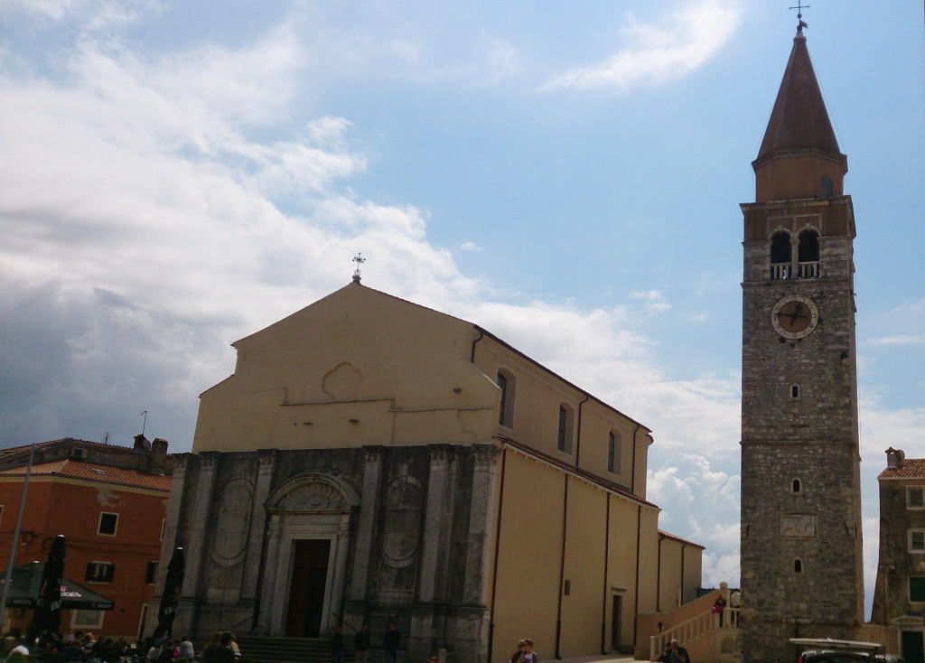 church in Umag with tower and staircase