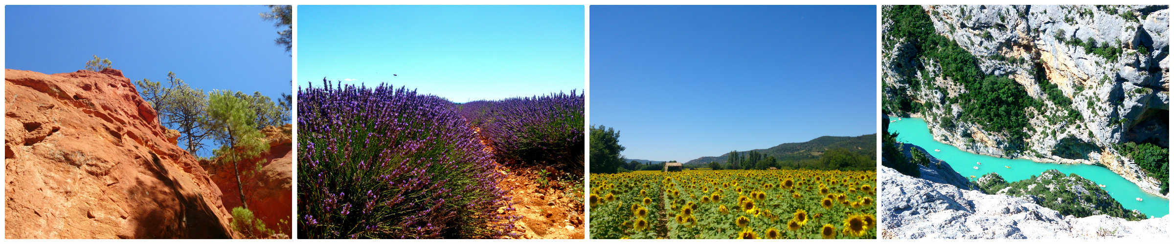 Fotocollage mit den Highlights der Provence, mit Lavendelfeldern, den Ockerfelsen bei Roussillon, der Verdonschlucht mit dem türkisfarbenen Wasser und Sonnenblumenfelder.