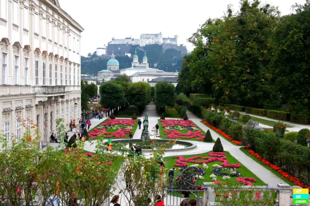 Castle Mirabell in Salzburg with the Fortress Hohensalzburg in the background.