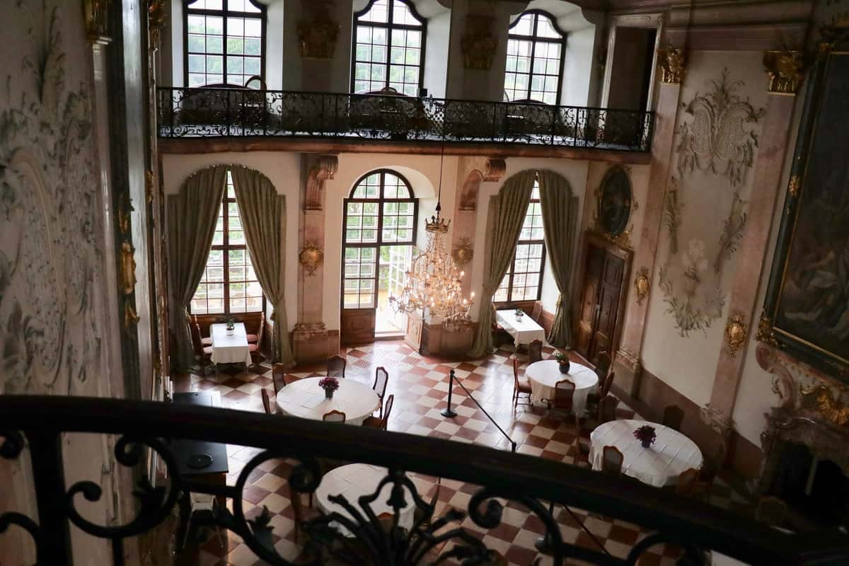 View from the balcony into the marble room where breakfast is served for hotel guests at the Castle Schloss Leopoldskron
