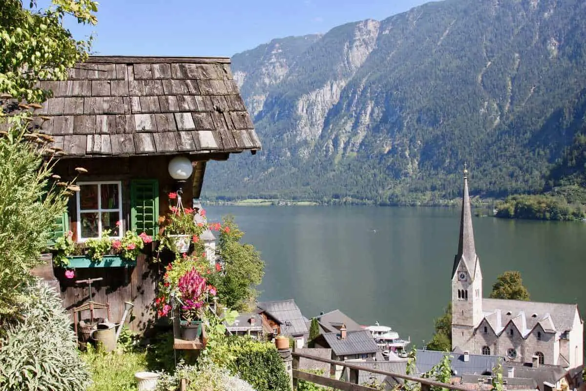 stunning view over Hallstatt with traditional wooden house in Austria