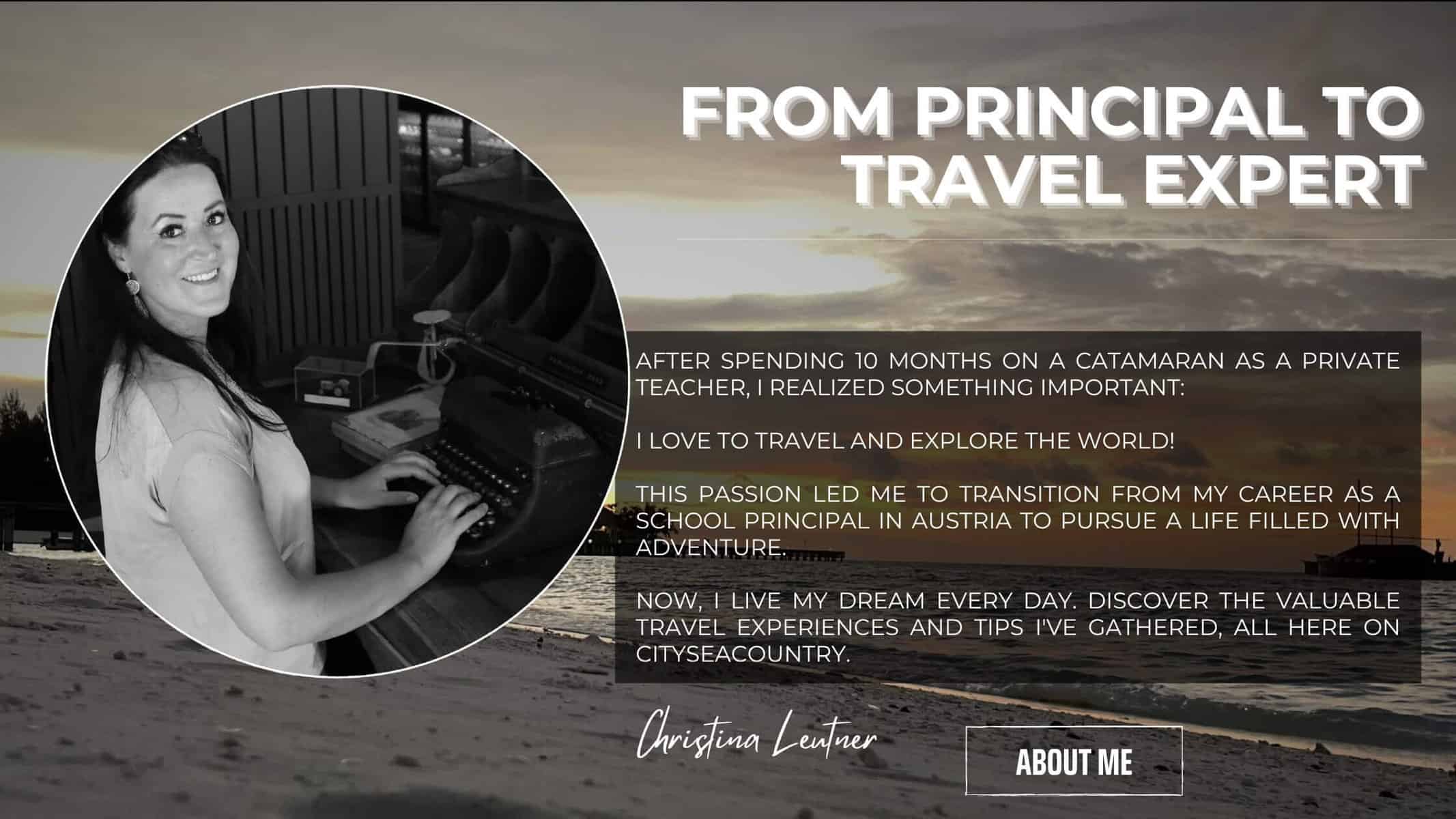 Travel Blogger: After spending 10 months on a catamaran as a private tutor, I realized something important: I love to travel and explore the world! This passion led me to transition from my career as a school principal to pursue a life filled with adventure. Now, I live my dream every day. Discover the valuable travel experiences and tips I've gathered, all here on CitySeaCountry.