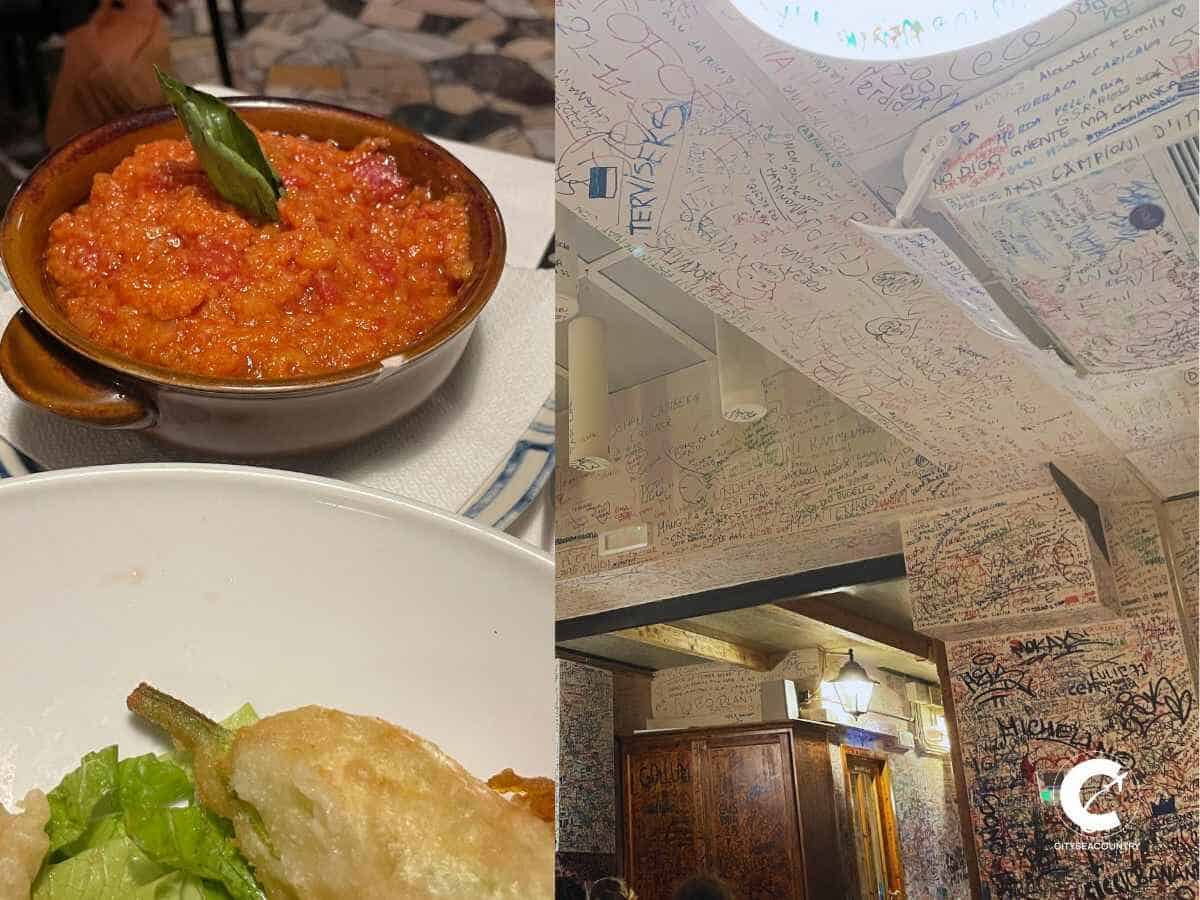 Frittierte Zucchini und toskanische Brotsuppe im Hintergrund auf der linken Seite des Bildes, während rechts der Innenraum der Trattoria Tito, welcher überall mit Wörtern und Namen von Gästen beschriftet ist.