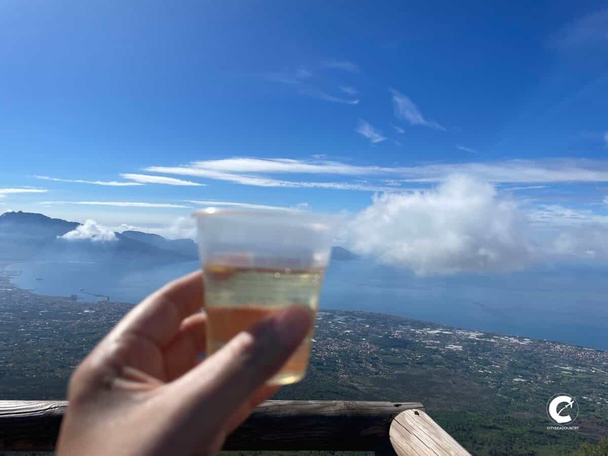 Autorin Christina von Cityseacountry hält einen Plastikbecher mit Weißwein vor dem Ausblick auf den Golf von Neapel mit der Insel Capri im Hintergrund bei leicht bewölktem Himmel.
