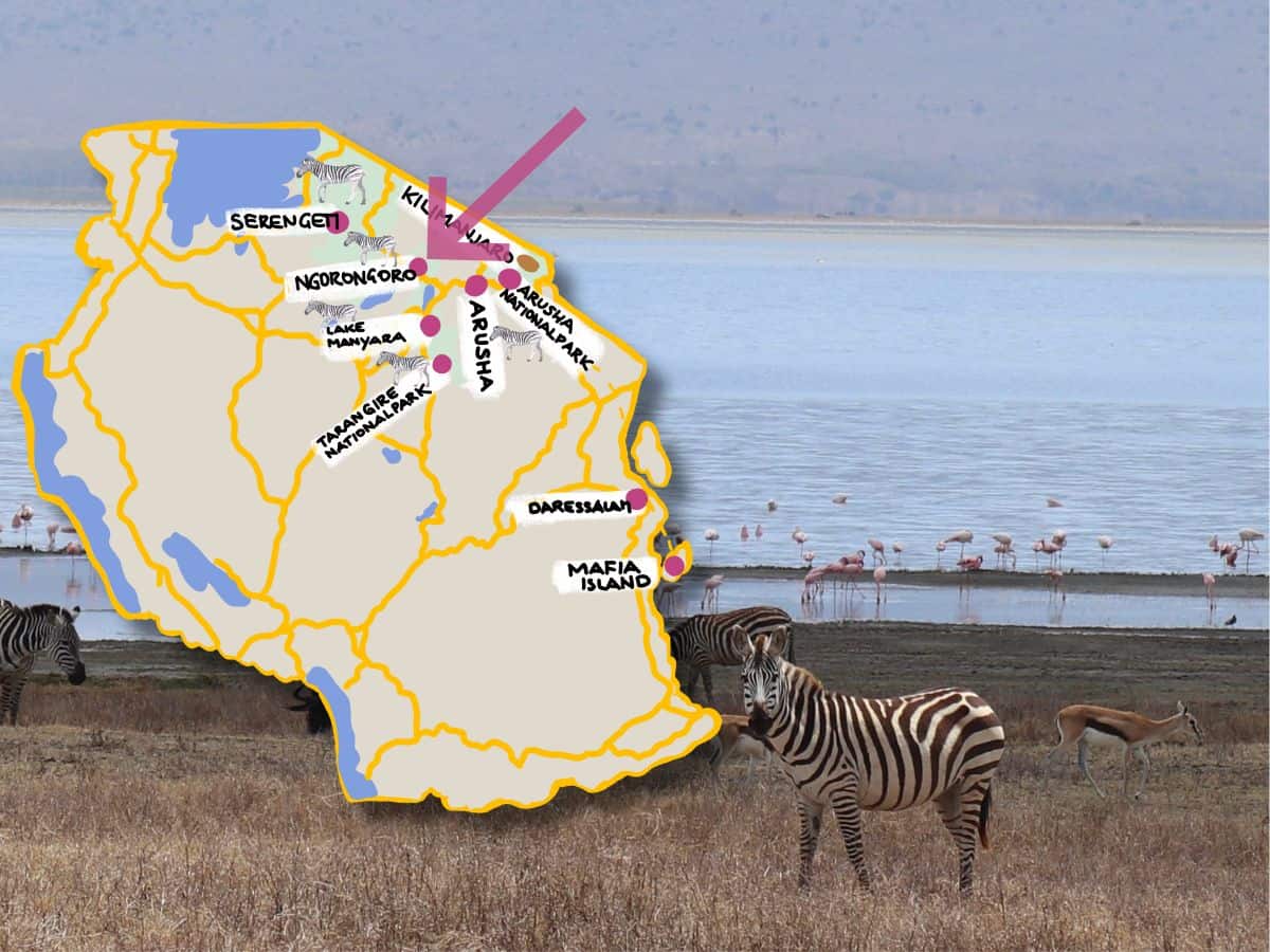 Karte Tansania mit Pfeil zu Ngorongoro Krater vor Bild mit Zebra und See im Ngorongoro Krater